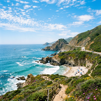 Coastal beach with turquoise water, sandy shore, cliffs, and a winding road above