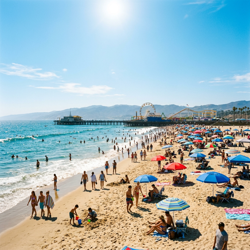 Crowded sandy beach with many people swimming, sunbathing, and walking near a pier featuring a Ferris wheel and roller coaster