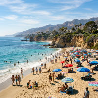 Crowded sandy beach with many people swimming, sunbathing, and walking near a pier featuring a Ferris wheel and roller coaster