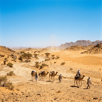 Group of people leading and riding camels through a desert with sand dunes and rocky hills
