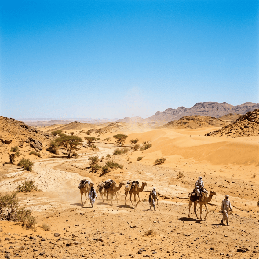 Group of people leading and riding camels through a desert with sand dunes and rocky hills