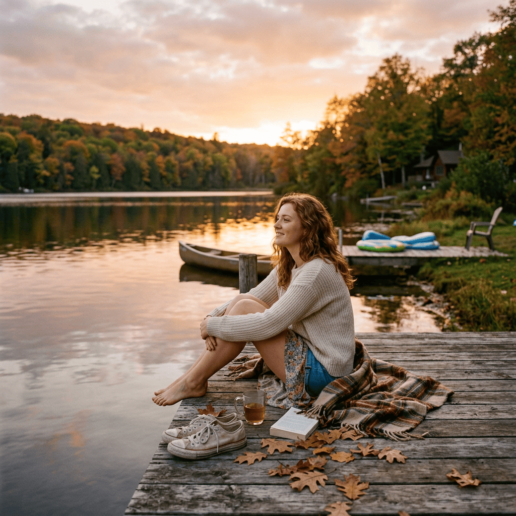 Woman reading beside a lake at sunset with blanket, tea, and autumn leaves