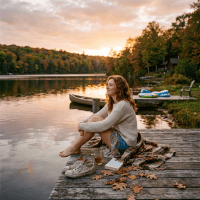 Woman reading beside a lake at sunset with blanket, tea, and autumn leaves