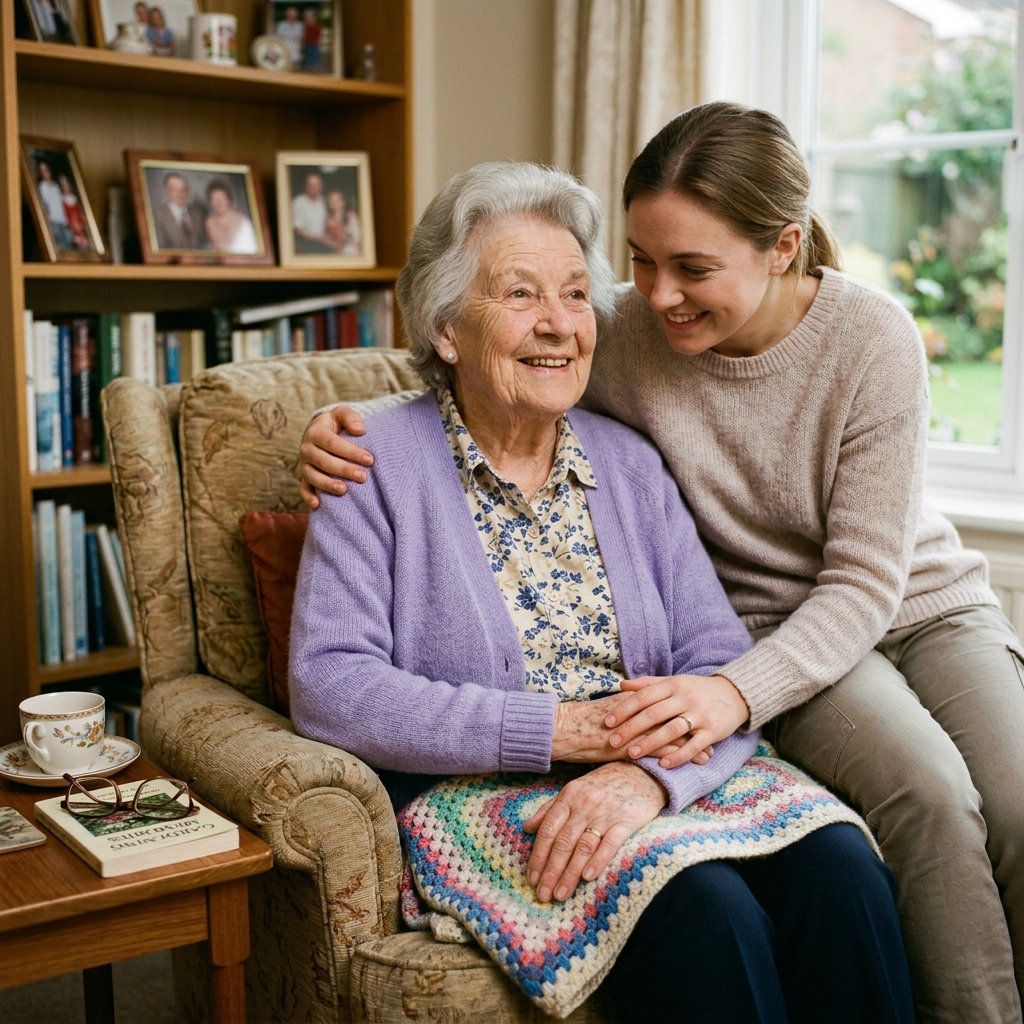 Smiling elderly woman seated in an armchair with a colorful blanket