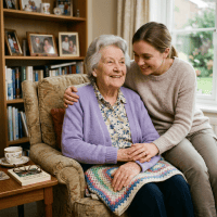 Smiling elderly woman seated in an armchair with a colorful blanket